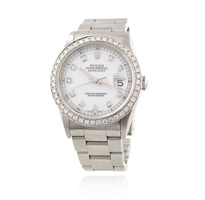 Gents Rolex Diamond DateJust Model Wristwatch A4031: Gents Rolex Diamond DateJust Model Wristwatch A4031. Good Condition! TM1572RM. One gents, hand crafted & machine milled Rolex DateJust wristwatch electronically tested stainless steel. Case: 36mm oyst