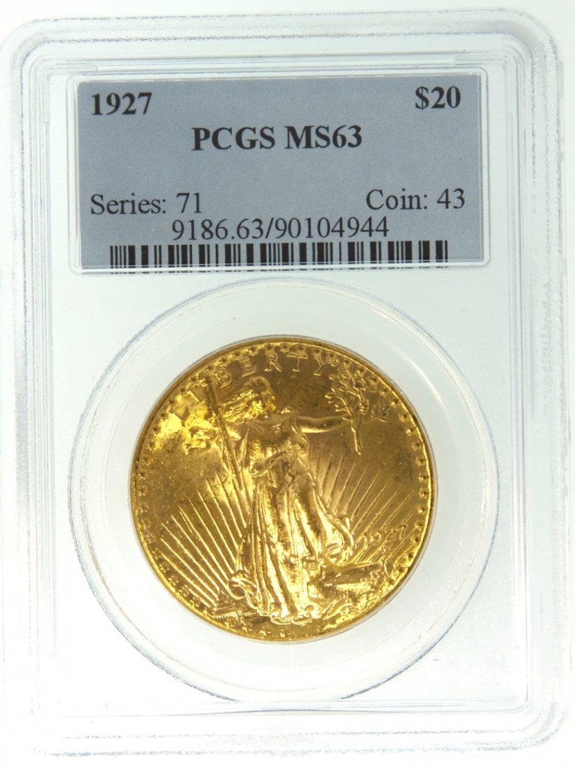 1927 $20 PCGS MS63 Saint Gaudens Double Eagle Gold Coin: 1927 $20 PCGS MS63 Saint Gaudens Double Eagle Gold Coin GCE137. As-Is Condition! OC5871SE. One 1927 $20 PCGS MS63 Saint Gaudens Double Eagle Gold Coin. Thank you for viewing this lot! We are always ad
