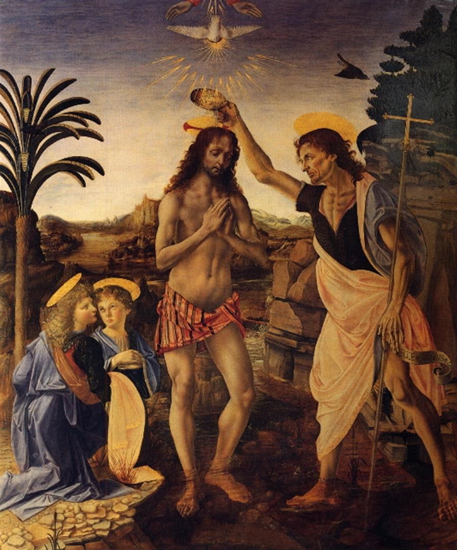 Andrea del Verrocchio - Baptism of Christ: Artist:Andrea del Verrocchio - Title: Baptism of Christ - Medium: Fine Art Giclee on Canvas - Image Size: Approximately 20 inches x 16.5 inches - Unframed on Unstretched Canvas - Biography: Andrea del