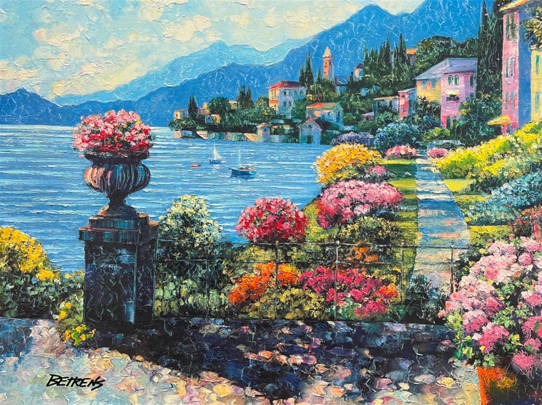 VARENNA MORNING by Behrens, Howard: VARENNA MORNING by Behrens, Howard. Limited Hand Signed Heavily Embellished Stretched. Dimensions: 24 x 32. Excellent Condition.