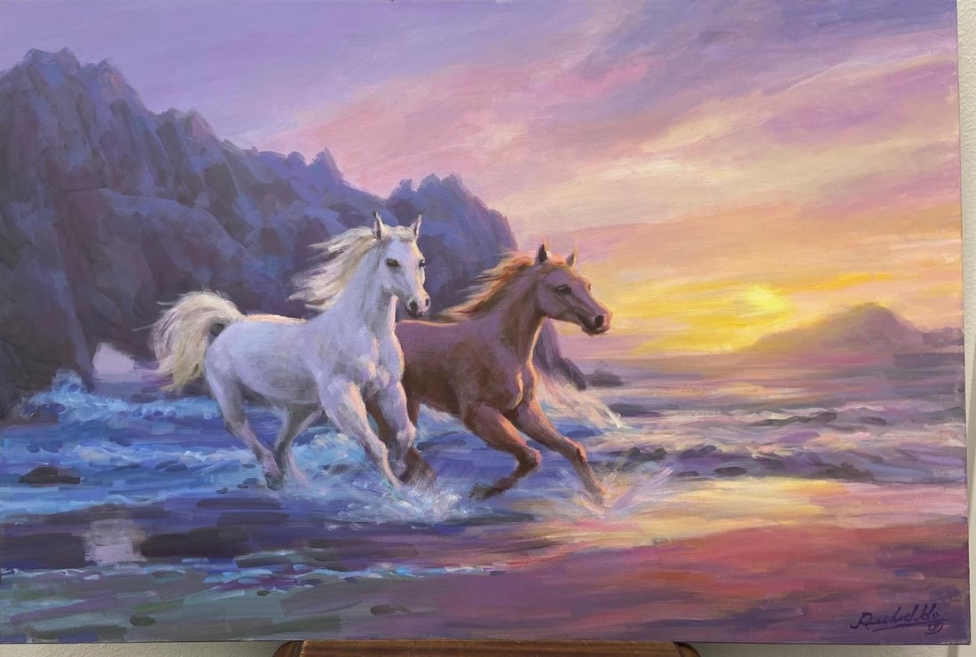 Headed Home ORIGINAL by Richard ZuMing Ho: A 36x24" original acrylic on canvas by Richard Ho , beautifully depicts two strong young horses heading home across the beach at sunset.