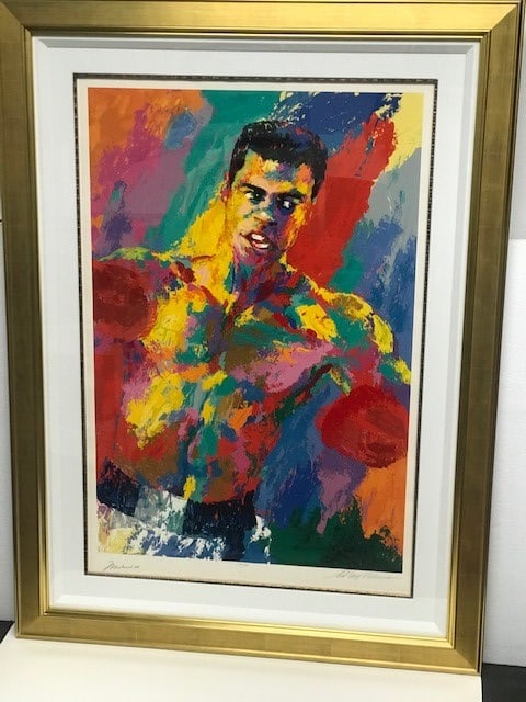 Muhammad Ali by LeRoy Neiman (1921-2012): "Muhammad Ali" by LeRoy Neiman (1921-2012) - Hand signed by the artist and the original signature of the subject Muhammad Ali! Limited edition serigraph #595 of 850 - Framed size = 43" wide x 58" tall