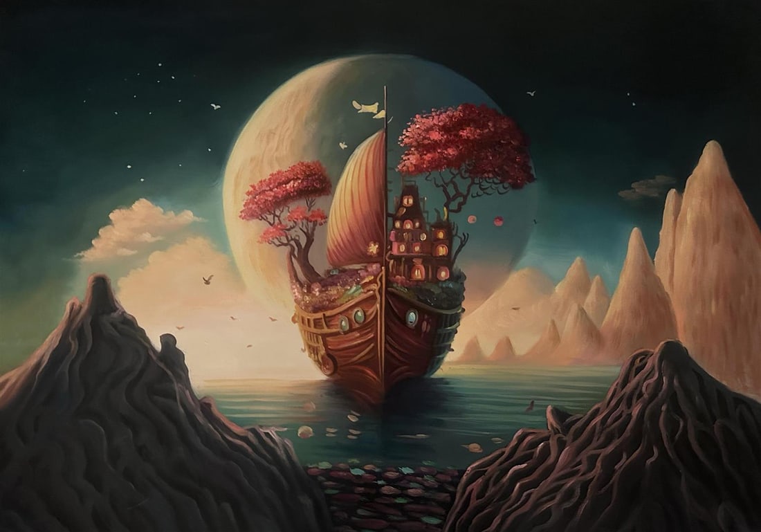 BOAT TO THE MOON original by MANI: A stunning Surreal painting in modern style by emerging artist Mani. 20"x30" original on canvas, with COA