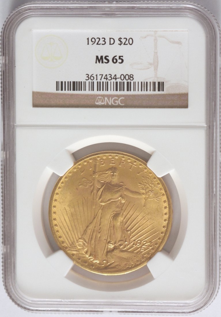 1923-D $20 NGC MS65 St. Gaudens Double Eagle Gold Coin : 1923-D $20 NGC MS65 St. Gaudens Double Eagle Gold Coin DaveF1000. As-Is Condition! UF5322ZE. One 1923-D $20 NGC MS65 St. Gaudens Double Eagle Gold Coin. Thank you for viewing this lot! We are always a