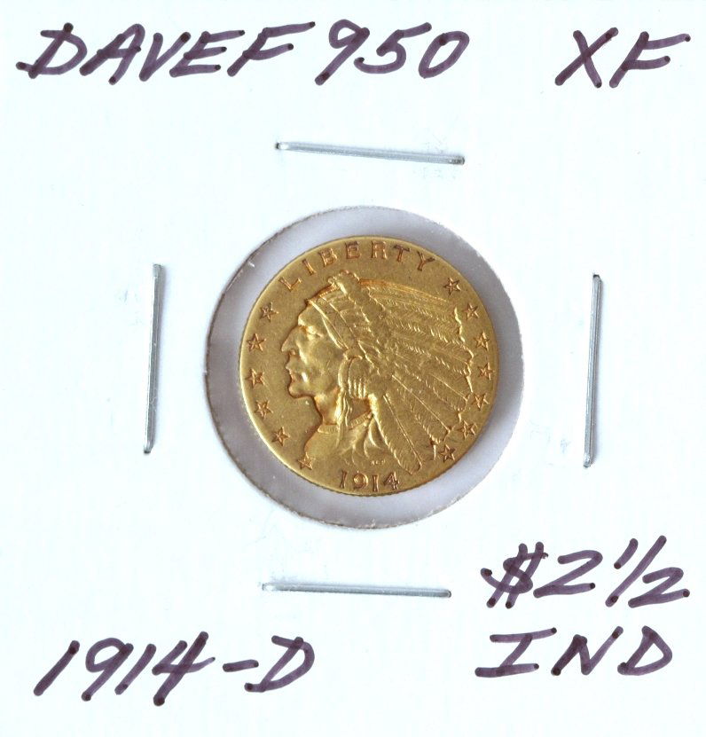 1914-D $2 1/2 XF Indian Head Quarter Eagle Gold Coin Da: 1914-D $2 1/2 XF Indian Head Quarter Eagle Gold Coin DaveF950. As-Is Condition! JB662WJ. One 1914-D $2 1/2 XF Indian Head Quarter Eagle Gold Coin. Thank you for viewing this lot! We are always adding