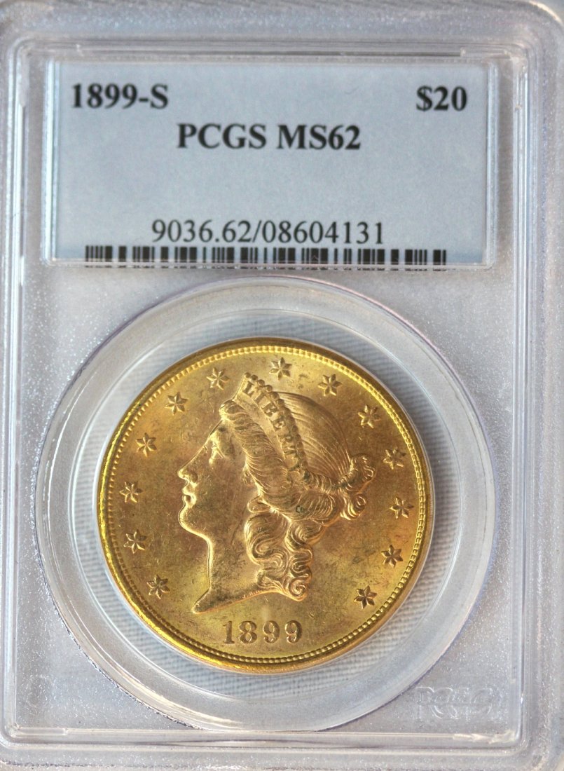 1899-S $20 PCGS MS62 Liberty Head Double Eagle Gold Coi: 1899-S $20 PCGS MS62 Liberty Head Double Eagle Gold Coin DAVEF834. As-Is Condition! XD5271GD. One 1899-S $20 PCGS MS62 Liberty Head Double Eagle Gold Coin. Thank you for viewing this lot! We are alway
