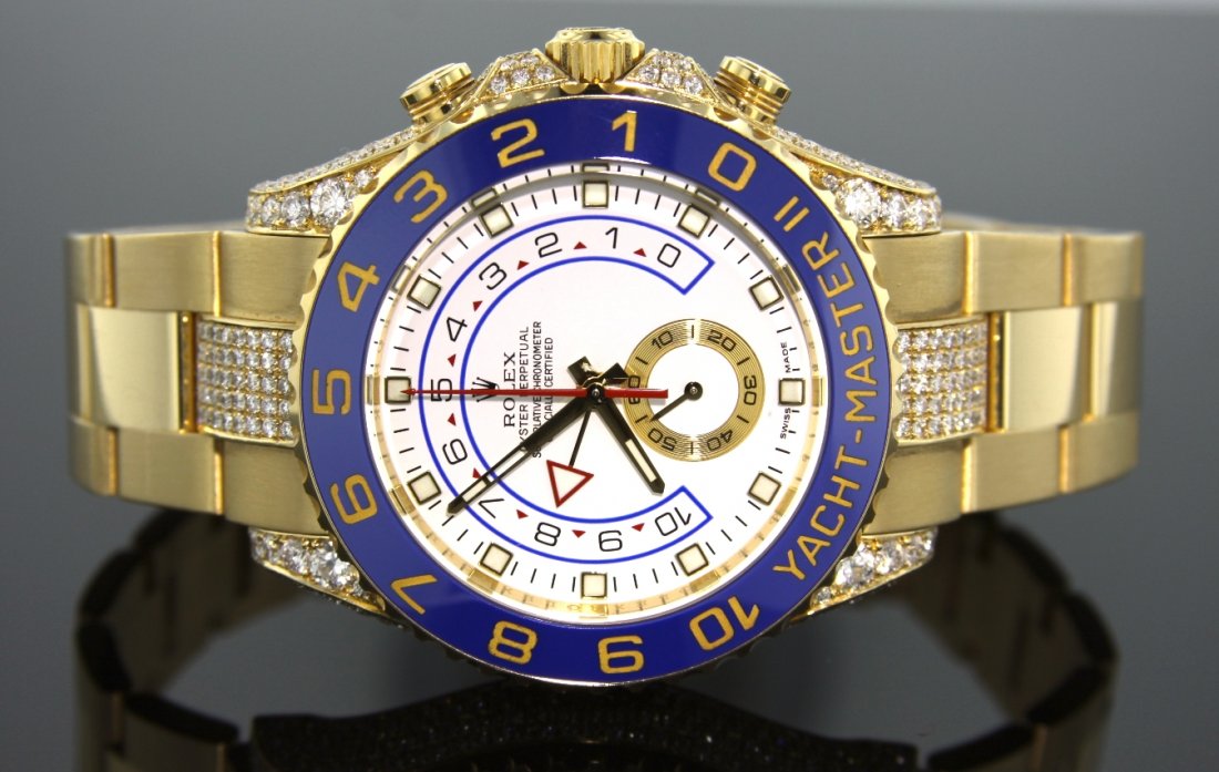 18KT Yellow Gold Rolex Yacht-Master II Diamond Wristwat: 18KT Yellow Gold Rolex Yacht-Master II Diamond Wristwatch A3824. Excellent Condition! WT50463TS. One gents, hand crafted & machine milled Rolex Yacht-Master II Regatta wristwatch electronically tested