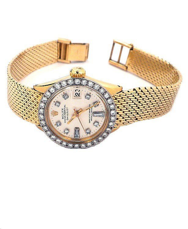 Ladies 18KT Yellow Gold Rolex DateJust Model with Diamo: Ladies 18KT Yellow Gold Rolex DateJust Model with Diamonds Wristwatch A3852. Excellent Condition! SQ1663FB. One ladies, hand crafted & machine milled Rolex Date Just model wristwatch electronically te