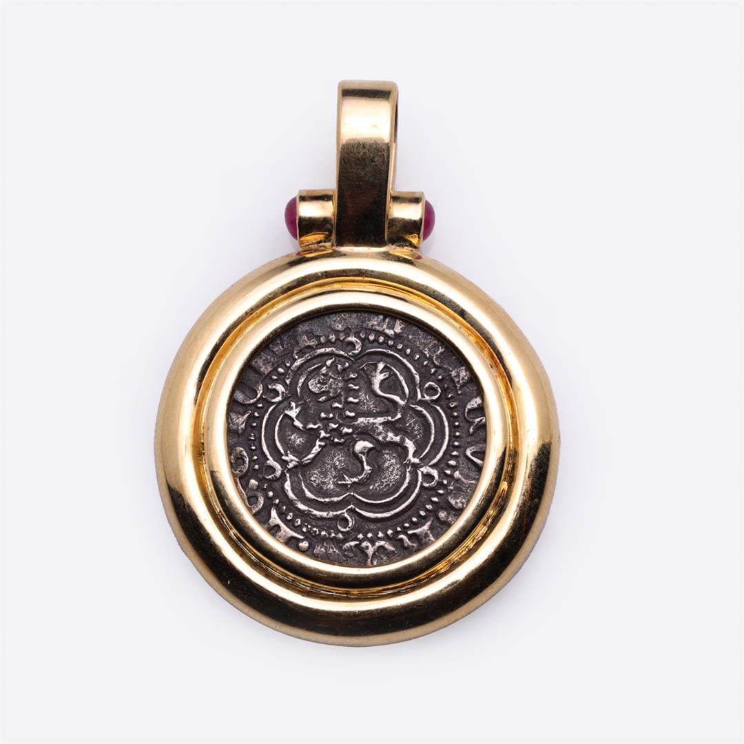 18K Yellow Gold Pendant with Rubies & Ancient Armenian Silver Coin: 18k yellow gold pendant; set with twin rubies flaking the bail and ancient Armenian silver coin to center, the coin from the reign of a Medieval Armenian Christian King who sent Knights to the Crusade