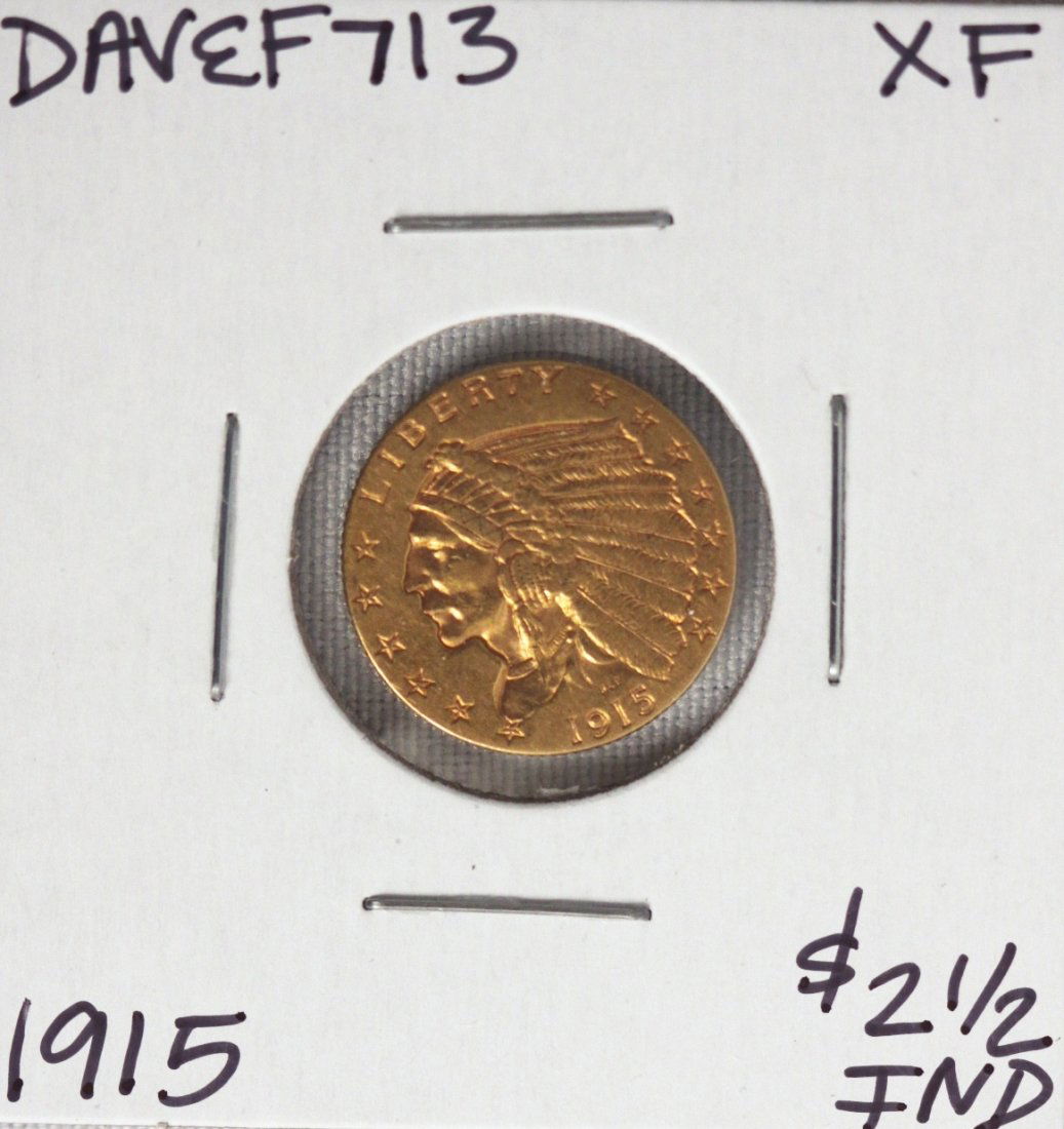 1915 $2 1/2 XF Indian Head Quarter Eagle Gold Coin DAVE: 1915 $2 1/2 XF Indian Head Quarter Eagle Gold Coin DAVEF713. As-is Condition! DS182WE. 1915 $2 1/2 XF Indian Head Quarter Eagle Gold Coin . Thank you for viewing this lot! We are always adding new inv