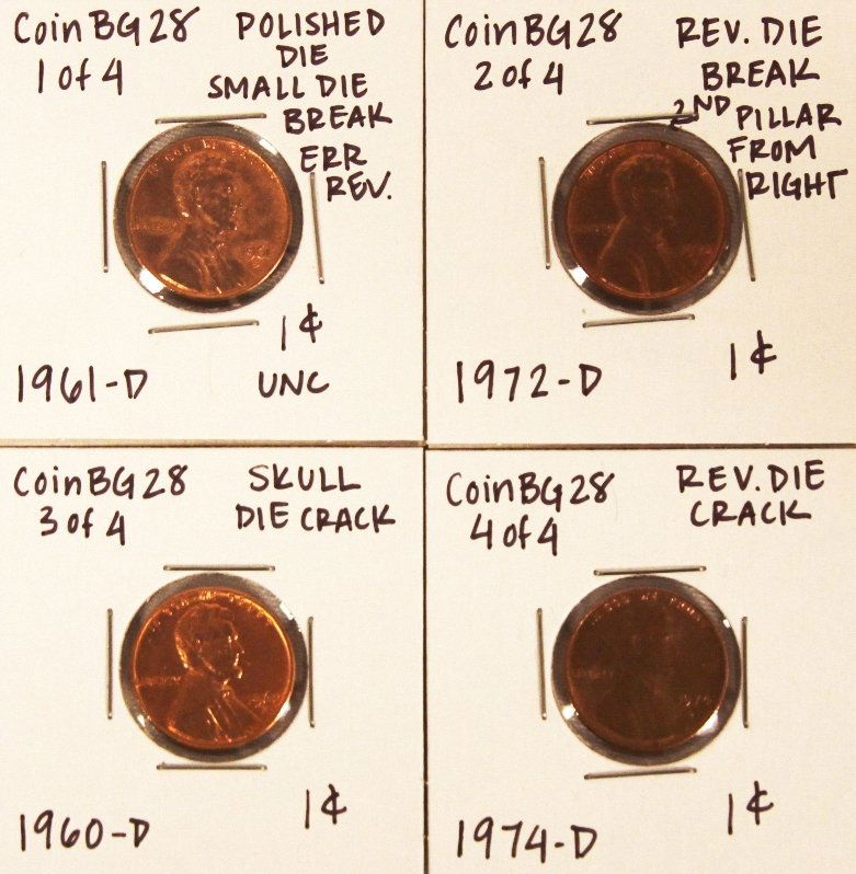Assorted Lot of 4 Misc Die Breaks CoinBG28: Assorted Lot of 4 Misc Die Breaks CoinBG28. As-Is Condition! TU61AL. Assorted Lot of 4 Misc Die Breaks. Thank you for viewing this lot. We are always adding new inventory and new auctions, so check ba