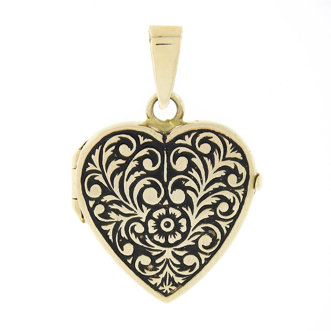 New 14k Yellow Gold Engraved Floral Work W/ Black Enamel Heart Locket