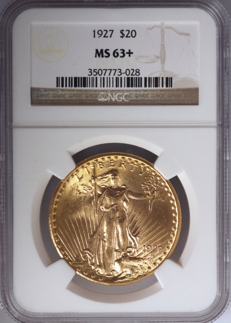 1927 $20 NGC MS63+ Saint Gaudens Double Eagle Gold Coin: 1927 $20 NGC MS63+ Saint Gaudens Double Eagle Gold Coin DAVEF798. As-Is Condition! MK1281CA. 1927 $20 NGC MS63+ Saint Gaudens Double Eagle Gold Coin. Thank you for viewing this lot! We are always addi