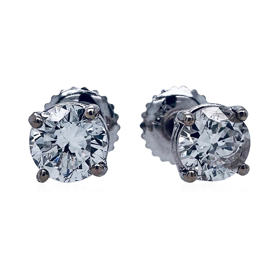 1.02 ctw Diamond Stud Earrings - 14KT White Gold: One pair electronically tested 14KT white gold lady's combination cast assembled fashion stud earrings with threaded posts and screw-on/screw-off backs with four prong basket with bright polish finish