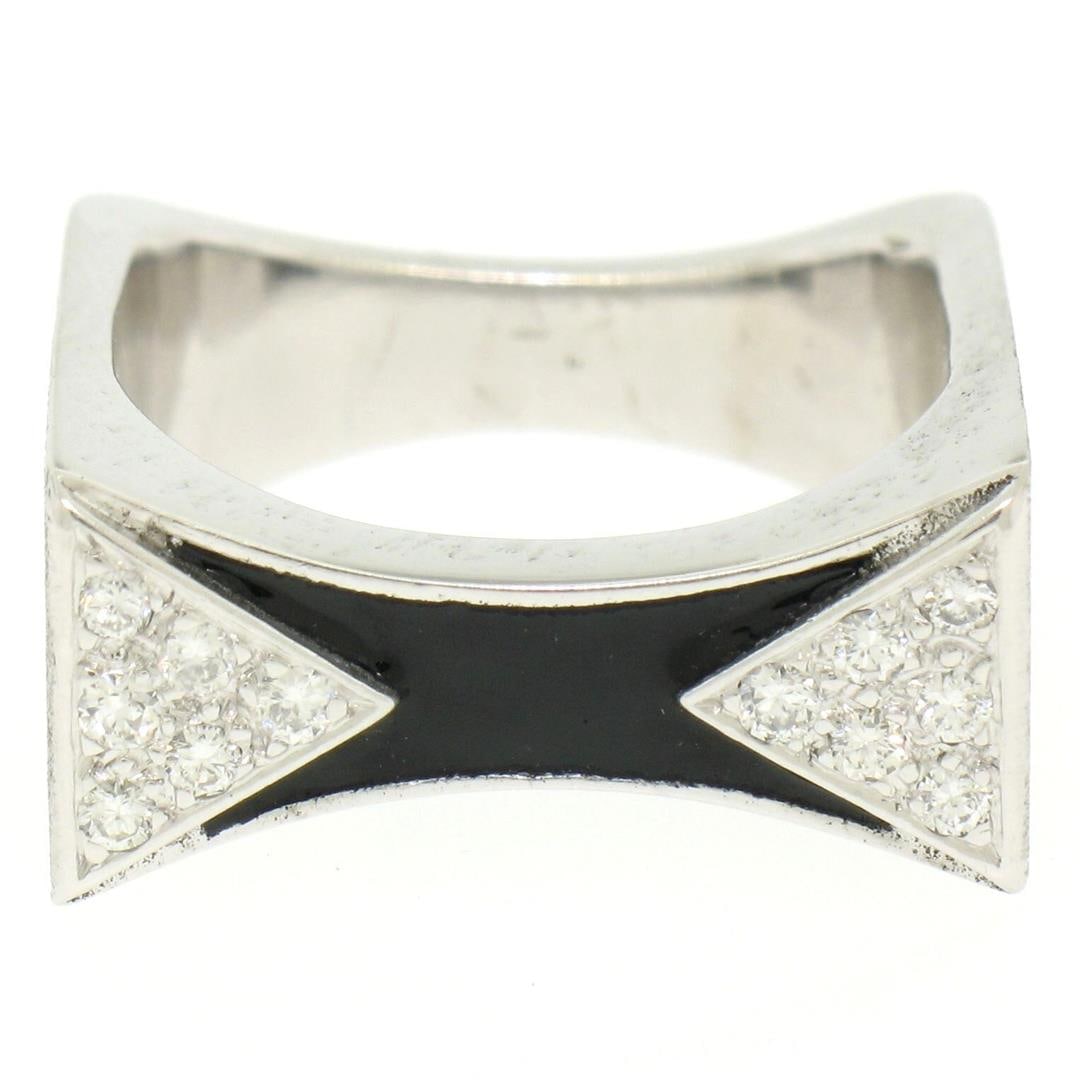 14K White Gold 0.30 ctw Diamond & Black Enamel Stone Finished Squared Band Ring: An estate solid 14k white gold band ring with black enamel and 12 brilliant cut natural diamonds (F - VS1; 0.30ct). The ring is size 7.0, weighs a total of 11.9 grams, and measures 9.5mm wide.