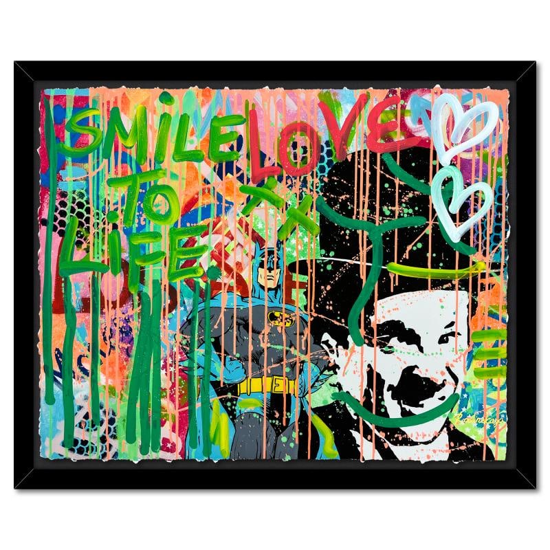 Batman And Chaplin by Rovenskaya Original: "Batman And Chaplin" is a one-of-a-kind mixed media on deckle edge paper by Nastya Rovenskaya; hand signed by the artist. This piece comes custom framed and includes letter of authenticity. Measures a
