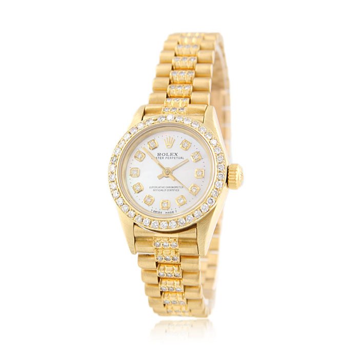 Ladies 18KT Gold Rolex Oyster Perpetual Watch with Diam: Ladies 18KT Gold Rolex Oyster Perpetual Watch with Diamonds A4018. Great Condition! VJ1575ET. One ladies, hand crafted & machine milled Rolex Oyster Perpetual, model, wristwatch electronically tested 