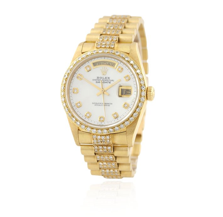 Rolex 18KT Gold Super President Style DayDate Wristwatc: Custom Rolex 18KT Gold Super President Style DayDate Wristwatch A4091. Good Condition! WH28001ZV. One gents, hand crafted & machine milled Rolex DayDate Model wristwatch the President electronically t