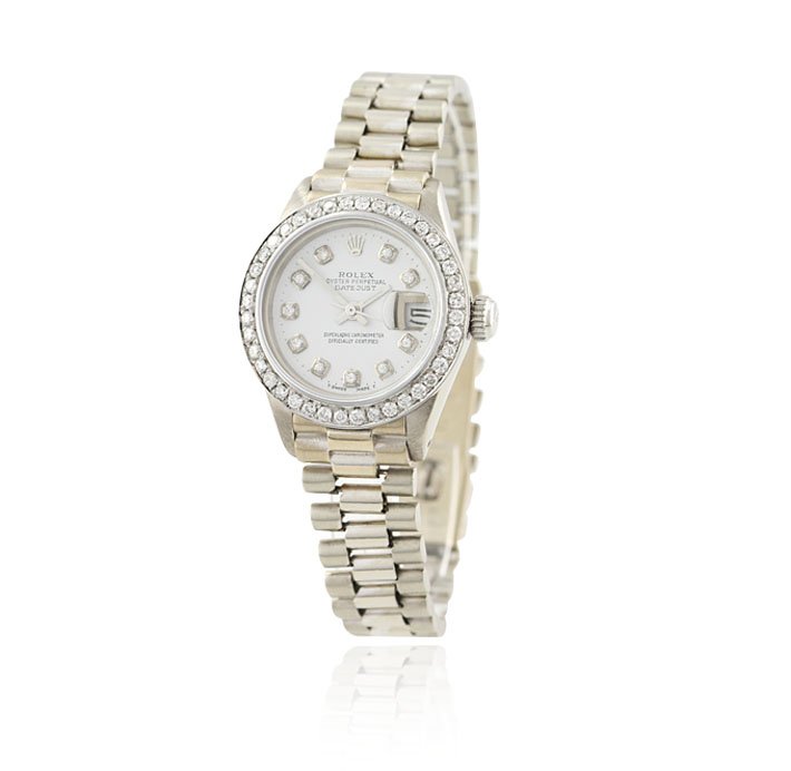 Ladies 18KT White Gold Rolex Diamond DateJust Wristwatc: Ladies 18KT White Gold Rolex Diamond DateJust Wristwatch A4060. Good Condition! KZ1585BO. One ladies, hand crafted & machine milled Rolex Lady President the DateJust model wristwatch electronically te