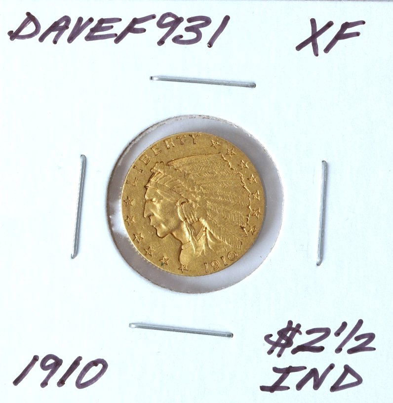1910 $2 1/2 XF Indian Head Quarter Eagle Gold Coin Dave: 1910 $2 1/2 XF Indian Head Quarter Eagle Gold Coin DaveF931. As-Is Condition! QV632HX. One 1910 $2 1/2 XF Indian Head Quarter Eagle Gold Coin. Thank you for viewing this lot! We are always adding new
