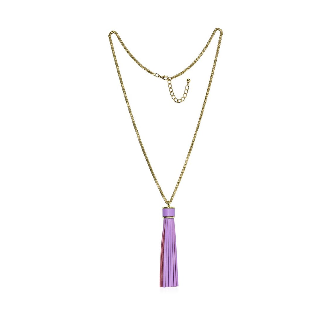 Leather Tassel Chain Necklace - Gold Plated: High end designer jewelry. Leather Tassel Chain Necklace - Gold Plated. Gold Plated Metal/3" Ext Clasp. Lilac/ Gold. 32/5inches. Total Weight: 61.7 grams.