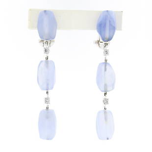 Antonini 18K White Gold Chalcedony Bead Round Diamond Long Drop Dangle Earrings: A solid 18k white gold long dangle drop earrings by Antonini, featuring 6 freeform faceted bead cabochon cut natural chalcedony (14.1x9.5mm), and 4 round brilliant cut natural diamonds (G/H - VS1/VS2