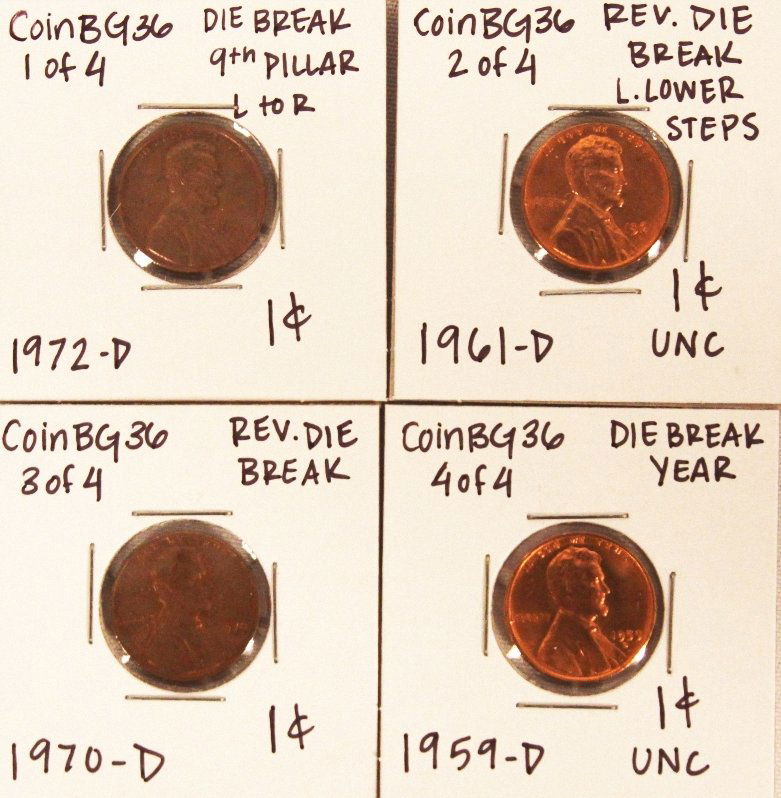 Assorted Lot of 4 Misc Die Breaks CoinBG36: Assorted Lot of 4 Misc Die Breaks CoinBG36. As-Is Condition! IM61ST. Assorted Lot of 4 Misc Die Breaks. Thank you for viewing this lot. We are always adding new inventory and new auctions, so check ba