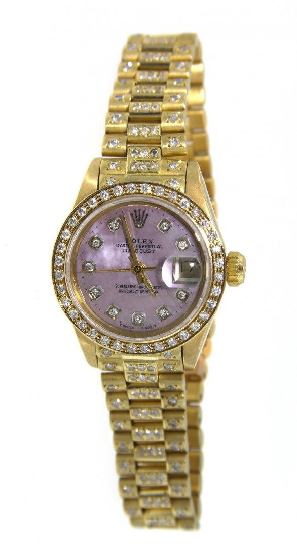 Ladies 18KT Gold Rolex Diamond DateJust Wristwatch A375: Ladies 18KT Gold Rolex Diamond DateJust Wristwatch A3753. Average Condition! WE1056MN. One ladies, hand crafted & machine milled Rolex Lady President, the DateJust model wristwatch electronically test