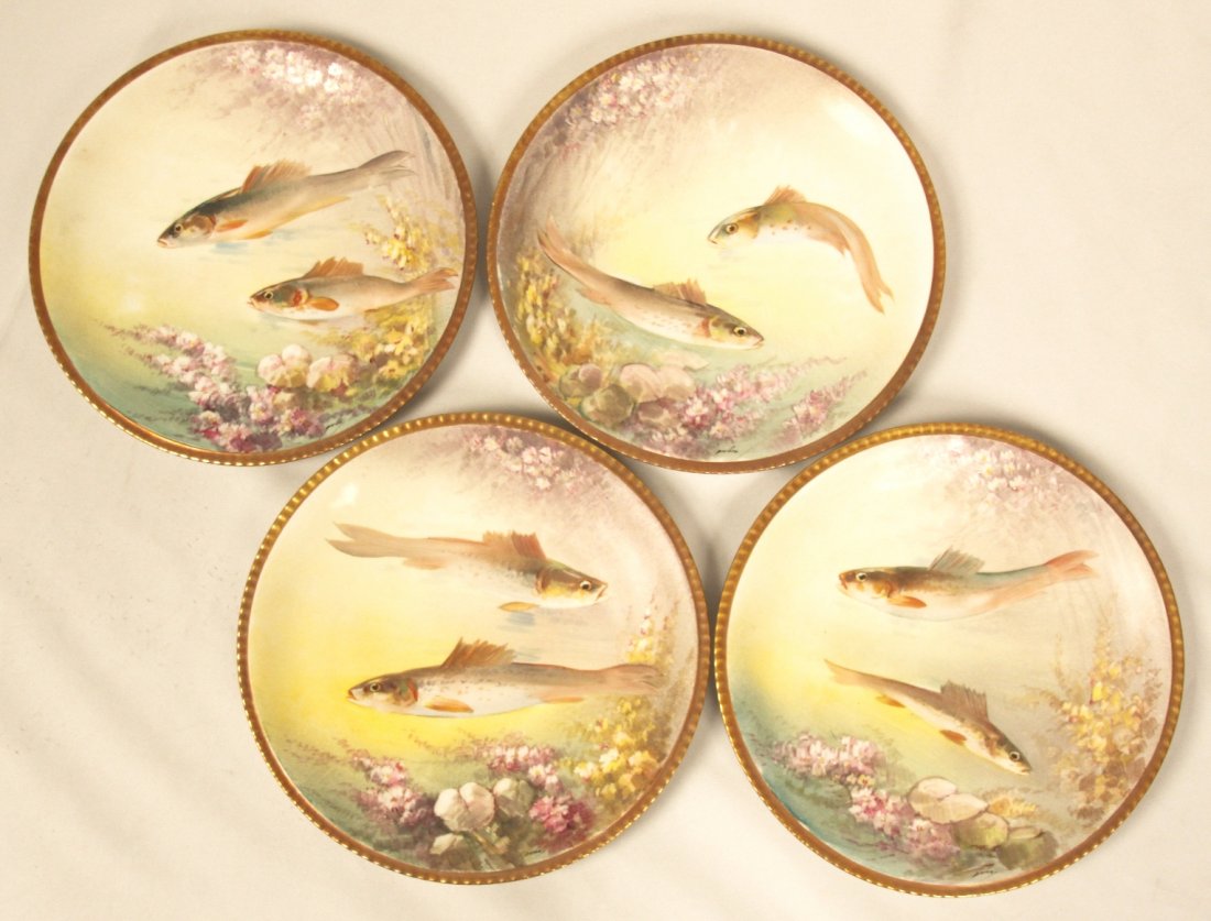 Antique Set of 4 Limoges Fish Plates by Dubois ED1250: Antique Set of 4 Limoges Fish Plates by Dubois ED1250. Excellent Condition! NG104HM. Antique set of 4 signed Dubois fish plates. Very collectible by down Limoges painter. Plates measure 9-3/4 wide. Ex