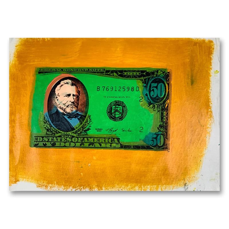 50 Dollar Bill by Steve Kaufman (1960-2010): "Half Grant " is a limited edition hand pulled silkscreen mixed media on canvas by Andy Warhol protege Steve Kaufman (1960-2010). This piece is numbered and AP 3/50 and hand signed inverso. Includes l