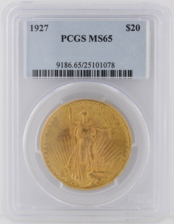 1927 $20 PCGS MS65 Saint Gaudens Double Eagle Gold Coin: 1927 $20 PCGS MS65 Saint Gaudens Double Eagle Gold Coin GFR44. As-Is Condition! DB3002HL. One 1927 $20 PCGS MS65 Saint Gaudens Double Eagle Gold Coin. Thank you for viewing this lot! We are always add