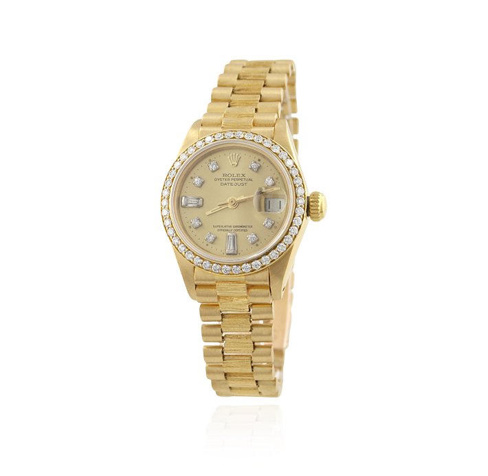 Ladies Rolex DateJust President with Diamonds Watch GB3: Ladies Rolex DateJust President with Diamonds Watch GB357. Good Condition! KW9005BK. One ladies Rolex DateJust President with diamonds watch. The watch features: Superlative Chronometer automatic move