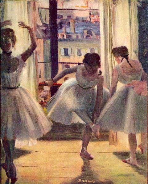 Edgar Degas - Three Dancers In A Practice Room: Artist: Degas - Title: Three Dancers In A Practice Room - Medium: Fine Art Reproduction Giclee on Archival Canvas - Image Size: Approximately 20 inches x 16.25 inches - Framed: Unframed on Unstretched