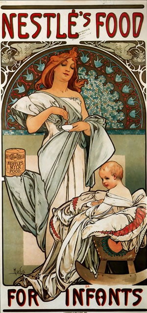 Alphonse Mucha - Nestle's Food for Infants: Artist: Alphonse Mucha - Title: Nestle's Food for Infants - Medium: Fine Art Giclee on Canvas - Image Size: Approximately 20 inches x 9.25 inches - Unframed on Unstretched Canvas - Biography: Alphonse