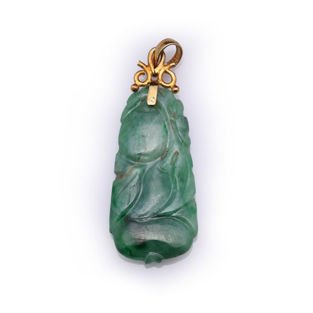 Antique Chinese Carved Greed Jadeite Pendant: Antique Chinese carved green jadeite pendant later mounted as a pendant in 14k yellow gold, the bail marked 585; gross weight 4.2g, L 1 3/4 inches (approx.)