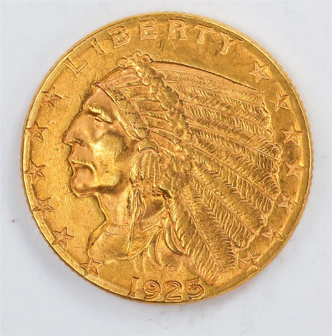 1925-D $2.5 Indian Head Quarter Eagle Gold Coin CU: One 1925-D $2.5 Indian Head Quarter Eagle Gold Coin CU.