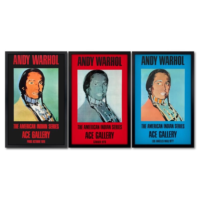 American Indian Series 3 Piece Set (Black, Red & Blue) by Andy Warhol (1928-1987: "The American Indian Series (Black, Red & Blue)" is a 3 piece set of vintage posters by Andy Warhol (1928-1987) from the Ace Gallery, Los Angeles, CA. This set comes custom framed. Includes Letter of 