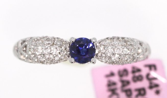 14KT White Gold 0.38ct Sapphire and Diamond Bracelet FJ: 14KT White Gold 0.38ct Sapphire and Diamond Bracelet. Excellent Condition! VL693MT. This beautiful 14KT White Gold Bracelet features (1) Sapphire(s) weighing approximately 0.38cts and (48) Round Diamo