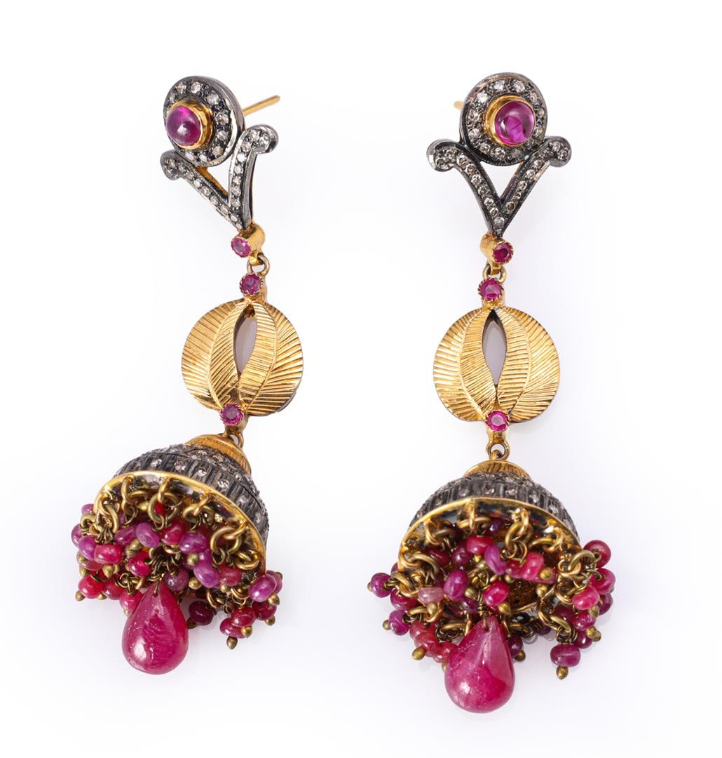 Pair Antique Indian Gold Topped Silver Ruby & Diamond Chandelier Earrings: Pair of antique Indian gold topped silver ruby and diamond chandelier earrings; missing earring backs, gross weight 36.5 g., each earring L 3 1/8" (approx.)
