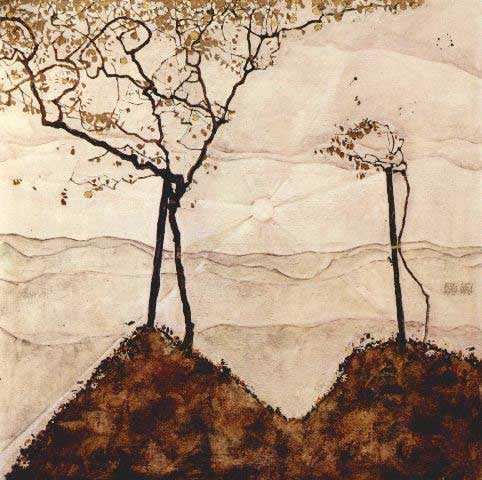 Egon Schiele - Autumn Sun And Trees: Artist: Egon Schiele - Title: Autumn Sun And Trees - Medium: Fine Art Reproduction Giclee on Canvas - Image Size: Approximately 20 inches x 20 inches - Unframed on Unstretched Canvas - Biography: Egon