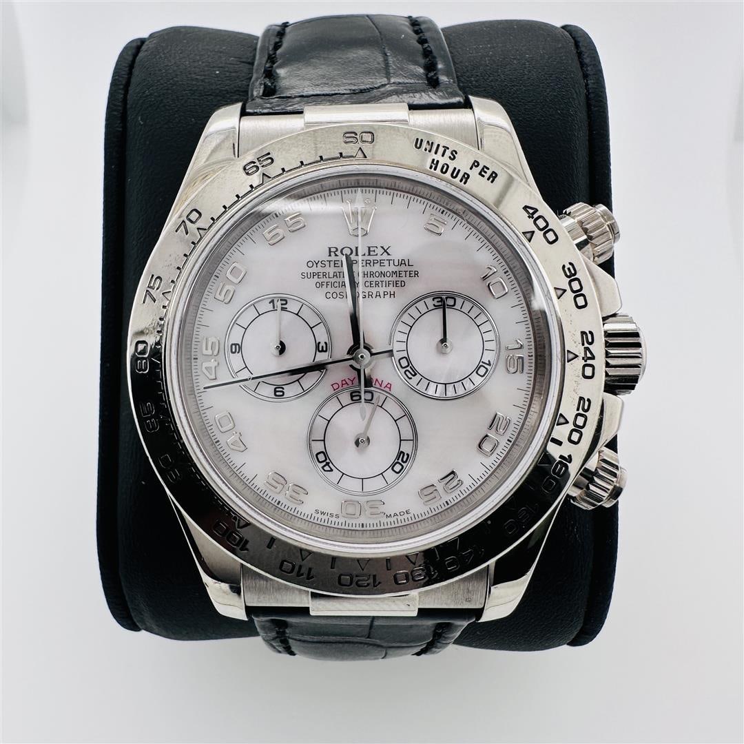 Rolex Daytona 18k White Gold MoP Dial with Leather Strap Wristwatch (Very Rare): One Rolex Daytona 18k White Gold MoP Dial with Leather Strap Wristwatch (Very Rare). This watch is in excellent condition. The watch photographed is the actual watch.