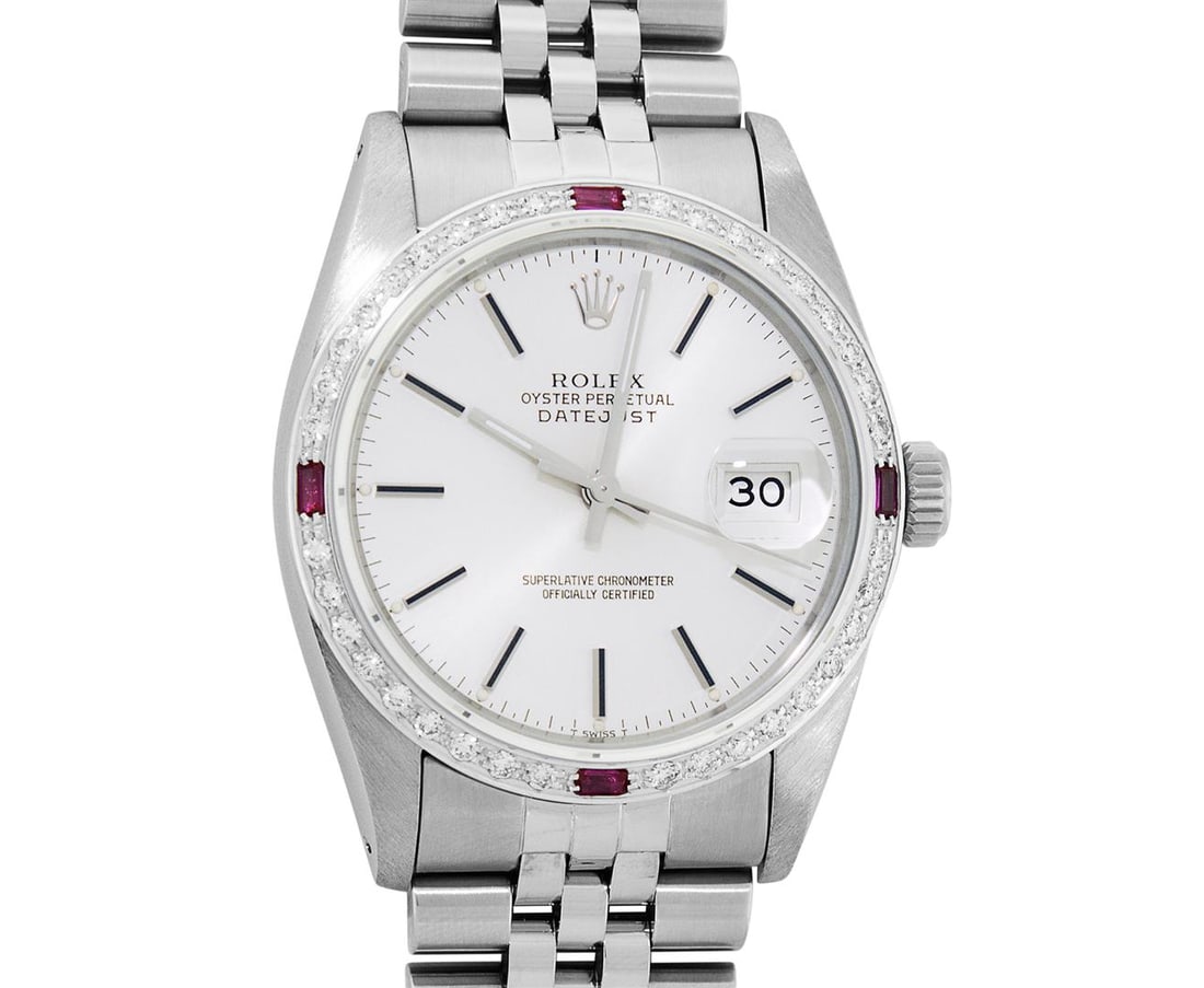 Rolex Mens Stainless Steel Silver Index 18K White Gold Diamond & Ruby Bezel 36MM: One Mens Pre Owned Stainless Steel Rolex Datejust Polished Bright with Satin Finish, This Watch Has Been Serviced & Electronically Tested, Rolex Stainless Steel Case: 36mm, Rolex Stainless Steel Crown