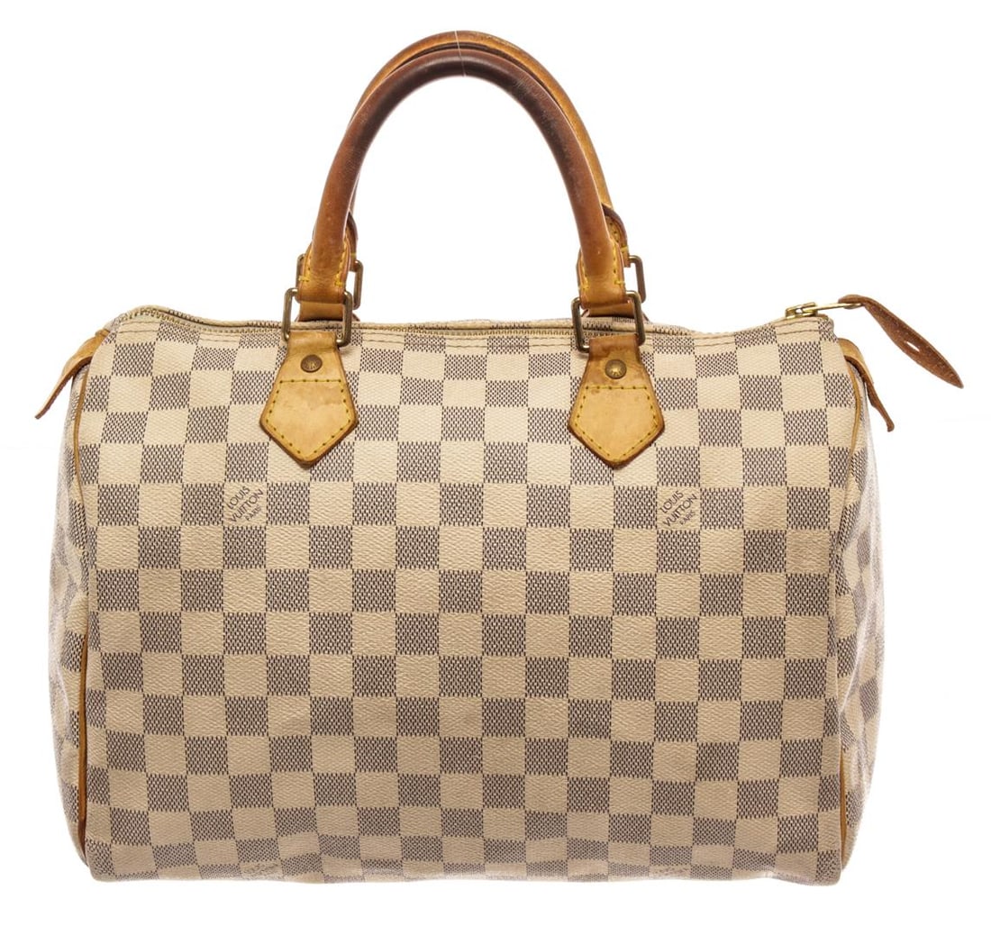 Louis Vuitton White Leather Damier Azur Speedy 30 Satchel Bag: Louis Vuitton White Leather Damier Azur Speedy 30 Satchel Bag. All available information is listed in the description and shown in the photos. Louis Vuitton White Leather Damier Azur Speedy 30 Satchel