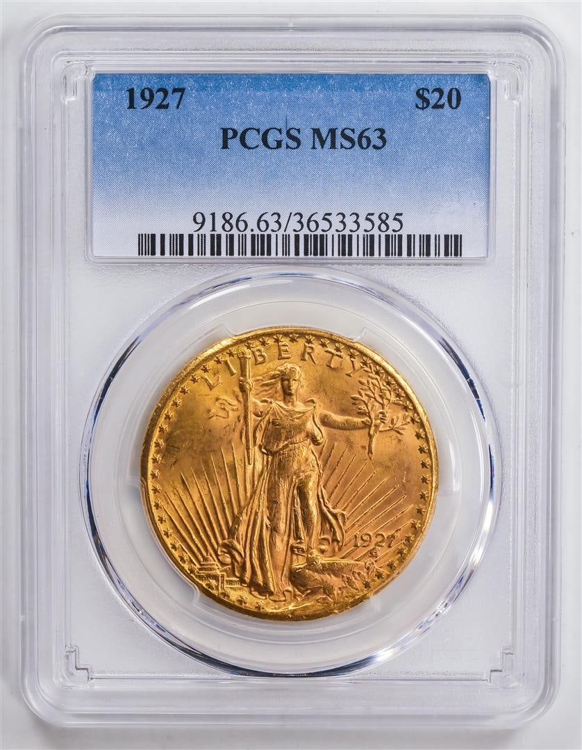 1927 $20 Double Eagle Gold Coin PCGS MS63: One 1927 $20 Double Eagle Gold Coin PCGS MS63.