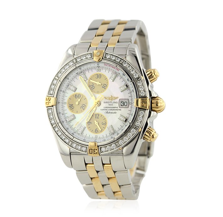 Breitling Chronomat Evolution Two Tone with Diamonds Wr: Breitling Chronomat Evolution Two Tone with Diamonds Wristwatch A4262. Great Condition! YM3863PC. One, Breitling Chronomat wristwatch electronically tested, Stainless Steel Case: 43.70mm diameter with