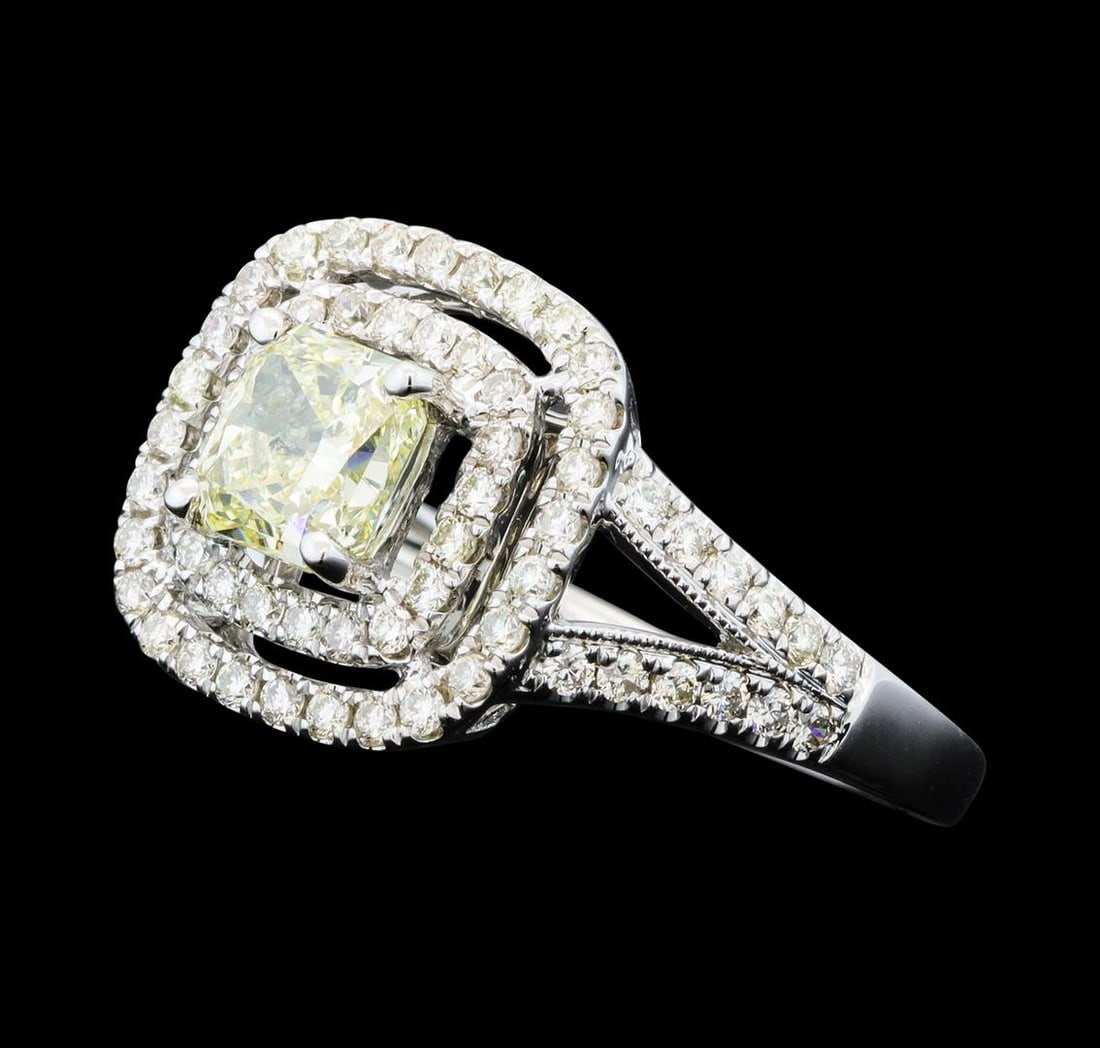 1.59 ctw Diamond Ring - 14KT White Gold: One electronically tested 14KT white gold lady's cast wedding ring with a split shank double halo with a bright polish with milgrain detailing finish. The featured lady's ring has a shank measuring 1.