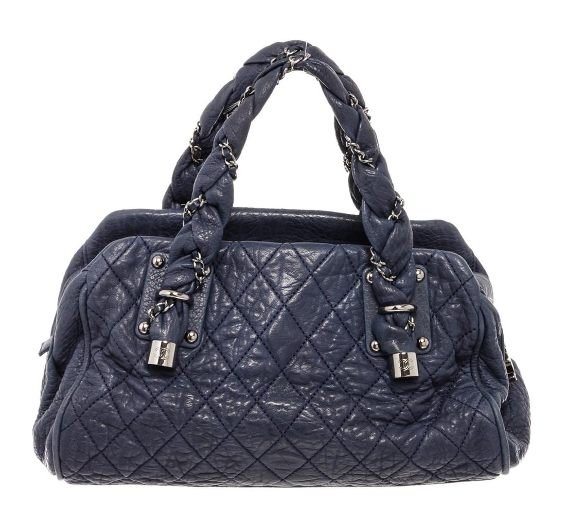 Chanel Navy Blue Lambskin Lady Braid Bowler Purse Shoulder Bag: Chanel Navy Blue Lambskin Lady Braid Bowler Purse Shoulder Bag. All available information is listed in the description and shown in the photos. Chanel Lady Braid Bowler Purse Shoulder Bag features ama