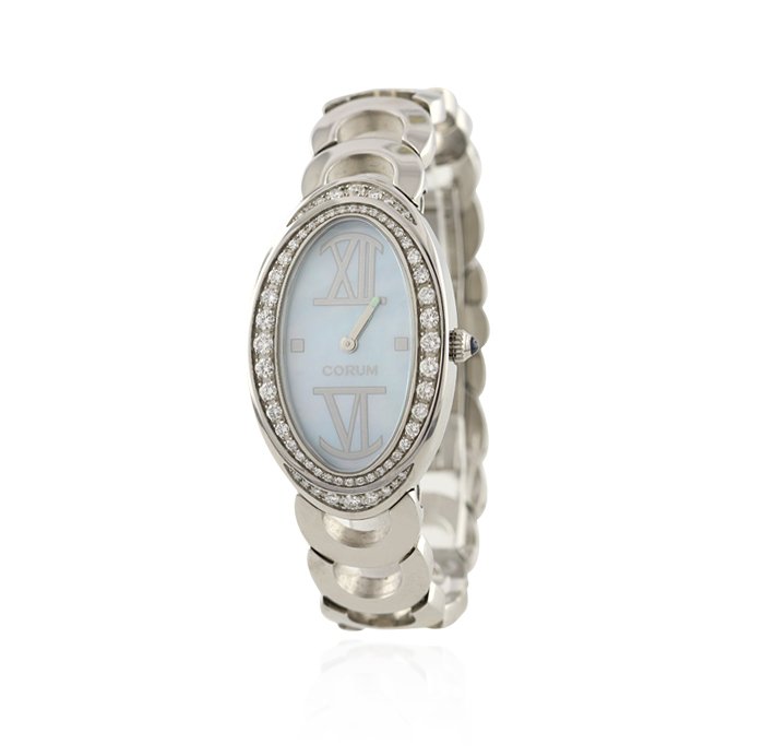 Ladies Corum Ovale 1.03cts Diamond and MOP Stainless St: Ladies Corum Ovale 1.03cts Diamond and MOP Stainless Steel Watch GB352. Great Condition! EZ9022YY. One ladies Corum Ovale 1.03cts diamond and Mother of Pearl stainless steel watch. The watch features: