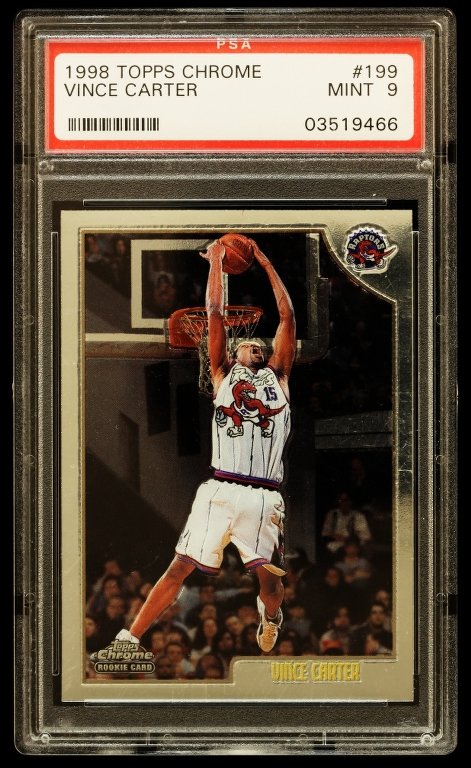 1998 Topps Chrome Vince Carter Rookie Card C224: 1998 Topps Chrome Vince Carter Rookie Card C224. As-Is Condition! SO12IP. One 1998 Topps Chrome Vince Carter Rookie Card #199. PSA Graded: 9. Team: Toronto Raptors. Thank you for viewing this lot. We 