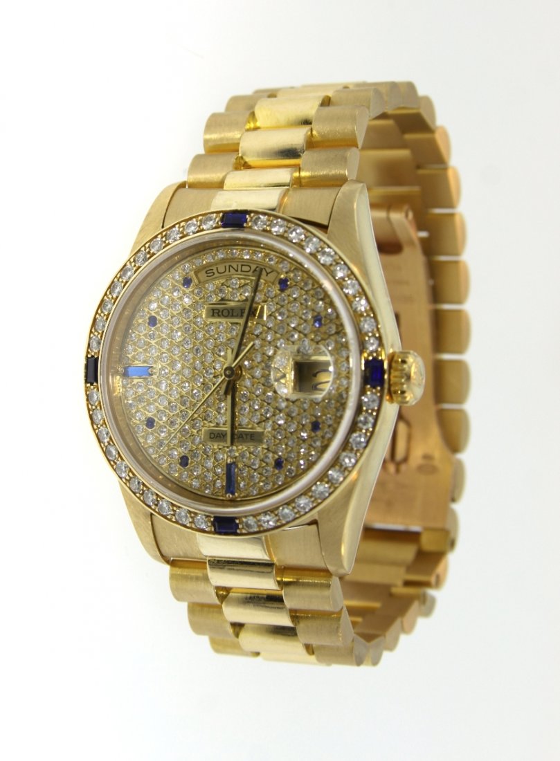Gents 18KT Yellow Gold Rolex President Watch with Diamo: Gents 18KT Yellow Gold Rolex President Watch with Diamonds A3833. Excellent Condition! MP15501HG. One gents, hand crafted & machine milled Rolex Day Date Model the President electronically tested 18KT